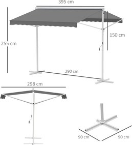 Toldo de dupla inclinação 4 x 3 m, manual e retrátil, inclinação ajustável, metal com revestimento epóxi, branco, poliéster impermeável e com proteção