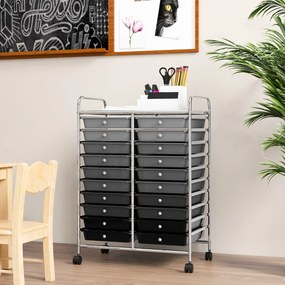 Carrinho auxiliar de armazenamento 64 x 39 x 88 cm com 4 rodas, 20 gavetas 2 rodas com travões, estrutura metálica preta