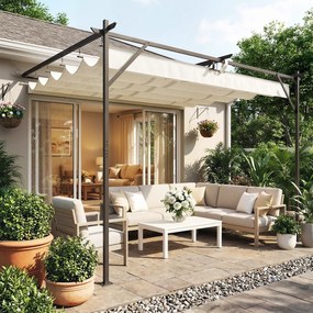 Pérgola de Parede de Jardim 4x3 m com Telhado Retrátil Proteção UPF30+ Drenagem Pérgola para Exterior Creme