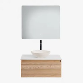Conjunto De Móvel De Casa De Banho Suspenso 80x50 Cm Em Madeira De Freixo Tedrik Castanho Fresno & Cimento Redondo Branco Ø40 Cm Zavion - Sklum