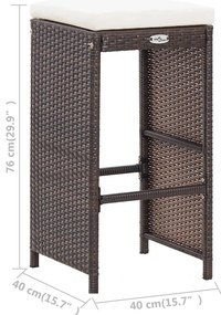 7 pcs conjunto bar para jardim c/ almofadões vime PE castanho