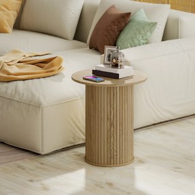 Mesa auxiliar redonda com Ø 48 cm, mesa baixa com pés canelados para a sala de estar, quarto ou espaços pequenos, em carvalho