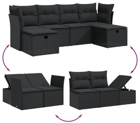 6 pcs conjunto sofás de jardim c/ almofadões vime PE preto