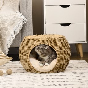Cama para gatos com 2 níveis, em resina trançada com aspeto de vime, com 1 almofada macia Ø 40 x 30 cm, castanho claro