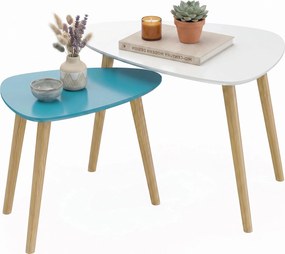 Conjunto de 2 mesas baixas encaixáveis de design escandinavo, com pés e tampo em madeira, nas cores branco e azul