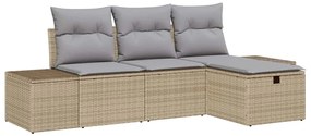 Conjunto de Sofá de Jardim de 4 Peças com Almofadas Bege Rattan Poliés