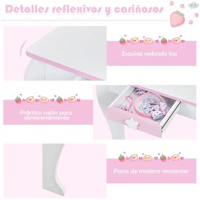 Conjunto de toucador e banco para menina com espelho removível e gaveta branca 49 x 35,5 x 89 cm Branco e Rosa