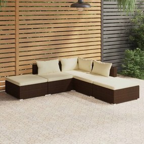 vidaXL 5 pcs conjunto lounge jardim c/ almofadões vime PE castanho