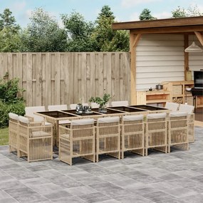 15 pcs conjunto de jantar p/ jardim com almofadões vime PE bege