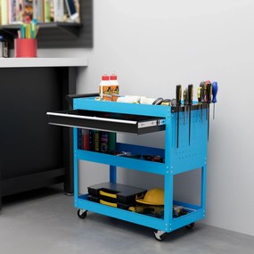 Carrinho de Ferramentas com 3 Bandejas e Gaveta Rodas com Travões Pega Lateral Painel Lateral Perfurado 82x35x76 cm Azul