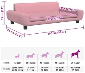 Cama para cães 100x54x33 cm veludo rosa