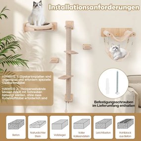 5 PCS Parede de Escalada e Arranhador para Gatos com Plataformas, Postes de Juta, Cama para Gatos, 2 redes Natural