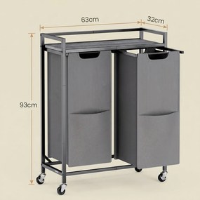 Cesto da roupa suja com 2 compartimentos 63 x 32 x 93 cm, carrinho com prateleira e bolsos preto-cinzento
