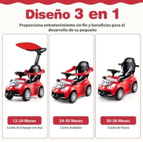 Andarilho crianças forma carro 3 em 1 Carro deslizante com guiador, buzina, música, luz e cinto de segurança Vermelho