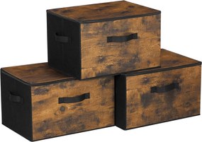 3 Caixas de arrumação com tampa 40 x 30 x 25 cm castanho vintage e preto