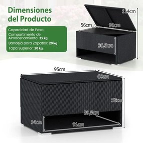 Caixa de armazenamento exterior de rattan com sapateira 95 x 60 x 58 cm com Forro protetor impermeável para Almofadas, terraço Varanda Preto