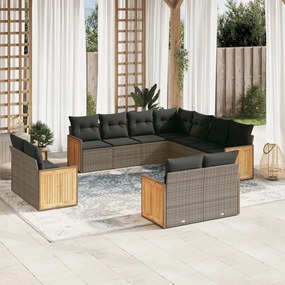 11 pcs conjunto sofás de jardim c/ almofadões vime PE cinzento