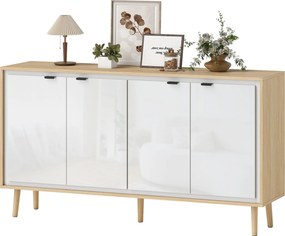Aparador, móvel de arrumação com 4 portas 141 x 35 x 77 cm, prateleiras ajustáveis,  branco e cor carvalho