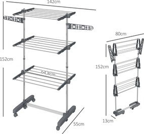 Estendal de roupa dobrável com abas laterais, para uso interior e exterior, 3 níveis, 142 x 55 x 152 cm, cinzento
