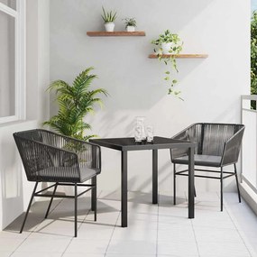 vidaXL Conjunto de Jantar de Jardim com 3 Peças e Almofadas Pretas em Rattan e Poliéster