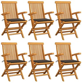 vidaXL Cadeiras de jardim c/ almofadões cinza-acast. 6 pcs teca maciça