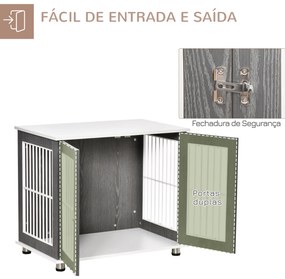 Gaiola para Cães de Madeira Mesa Auxiliar com Bancada de Armazenamento 2 Portas com Fechadura 85x55x75cm Cinza