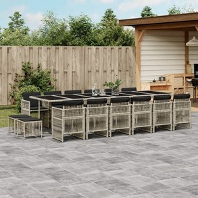 17 pcs conj. jantar jardim c/ almofadões vime PE cinzento-claro