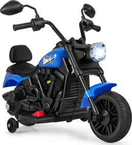 Mota elétrica infantil de 6 V com farol LED, música, 2 rodas, pedais de treino e espelhos retrovisores – a partir dos 18 meses – Preto + Azul