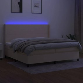 Cama box spring c/ colchão e LED 200x200 cm tecido cor creme