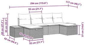 Conjunto de sofá de jardim com 6 peças e almofadas pretas em rattan si