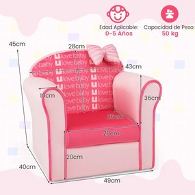 Poltrona infantil estofada com espuma com padrão animado Sofá individual infantil para quarto sala 49 x 40 x 45 cm rosa