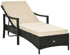 Outsunny Espreguiçadeira de Vime de Jardim Espreguiçadeira com Encosto Ajustável em 4 Posições Almofadas Acolchoadas e Capa Removível para Terraço Pátio Exterior 192x62,5x58-95cm Marrom e Bege