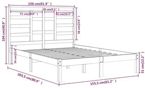 Estrutura de cama king 150x200 cm madeira maciça cinzento