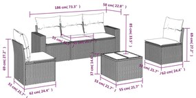 6 pcs conjunto de sofás jardim c/ almofadões vime PE castanho