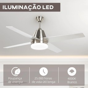 Ventoinha de Teto com Luz 46W Ø129 cm com 4 Lâminas Reversíveis Controlo Remoto 6 Velocidades e Temporizador Prata