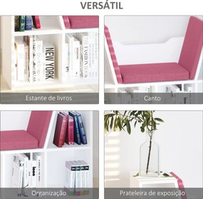 Estante 102x30x61cm com Assento Estante com 6 Cubos e Banco com Almofada 102x30x61cm Branco e Rosa