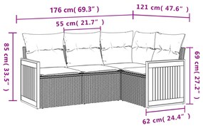 4 pcs conjunto de sofás para jardim c/ almofadões vime PE preto