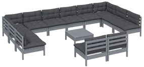 13pcs conjunto lounge de jardim + almofadões pinho maciço cinza