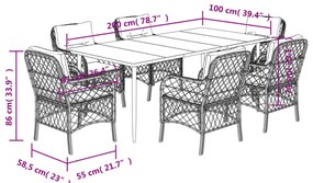 7 pcs conjunto de jantar p/ jardim com almofadões vime PE bege