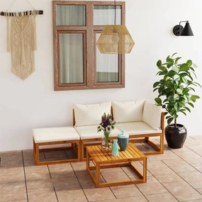 vidaXL 4 pcs conj. lounge jardim c/ almofadões cor creme acácia maciça