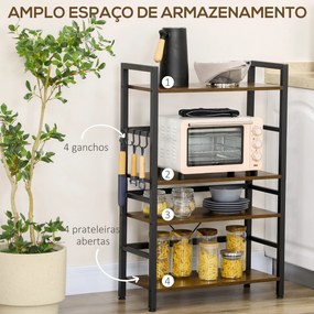 Estante de Cozinha com 4 Prateleiras Ganchos e Sistema Anti-Tombo Estante para Micro-Ondas 65x30x102 cm Castanho Rústico e Preto
