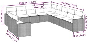 11 pcs conjunto sofás de jardim c/ almofadões vime PE cinzento