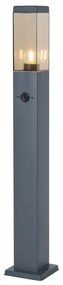 Candeeiro de exterior cinzento escuro com vidro fumado 80cm IP44 com tomada e sensor de movimento - Malios Moderno