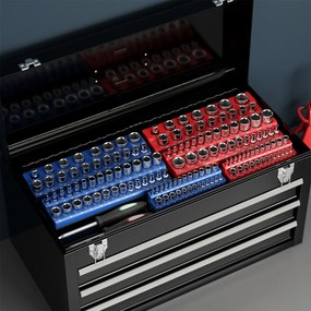 Conjunto de 6 organizadores magnéticos para porta-soquetes métricos e imperiais com soquetes de 1/2, 3/8 e 1/4 polegadas azul e vermelho