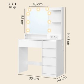 Toucador com espelho 80 x 40 x 144,3 cm, iluminação LED, tomada e 5 gavetas, branco