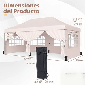 Tenda de Jardim Dobrável com 6 pesos, 600 x 300 x 310 cm, Paredes Laterais Removíveis, Bege
