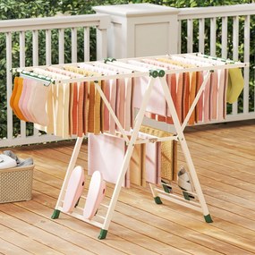 Estendal dobrável 141 x 56 x 99–148 cm com braços ajustáveis, pinças para meias e prateleira para sapatos, estendal independente para roupa, cor bege