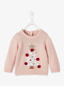 Oferta do IVA - Camisola com árvore de Natal e pompons, para bebé rosa claro liso com motivo