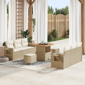 Conjunto de Sofá de Jardim de 9 Peças com Almofadas Bege Rattan Poliés