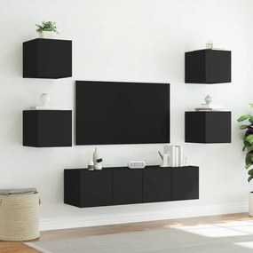 6 pcs móveis de parede p/ TV c/ LEDs derivados de madeira preto